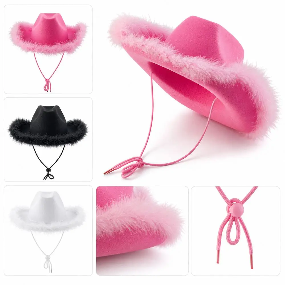 Decorative Cowboy Hat Western Cowboy Hat Acrylic Metallic Thread Detail Fuzzy Brim Hat Decorative Trim Fuzzy Fringed Brim