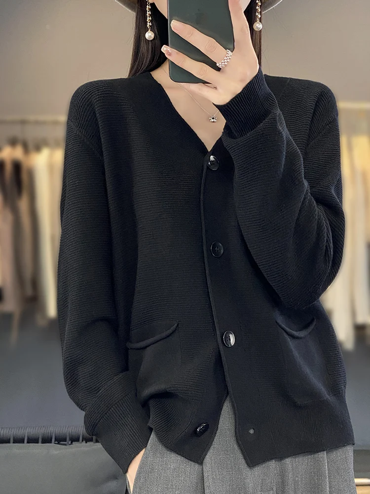 Linen Cardigan Sweater Women V-neck Long Sleeve Top Korean Style New In Outerwears Mujer Knitwear Pockets Designer Spring Clothe