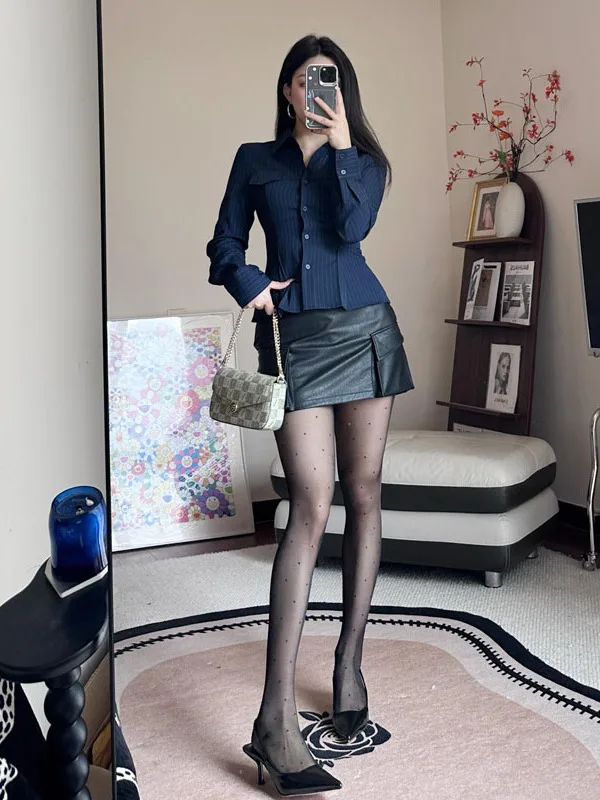 

Fashionable Slim Fit Blue Striped Shirt Women's High Waist Skirt Set Korean Style Autumn Collection Casual Wear for Adults