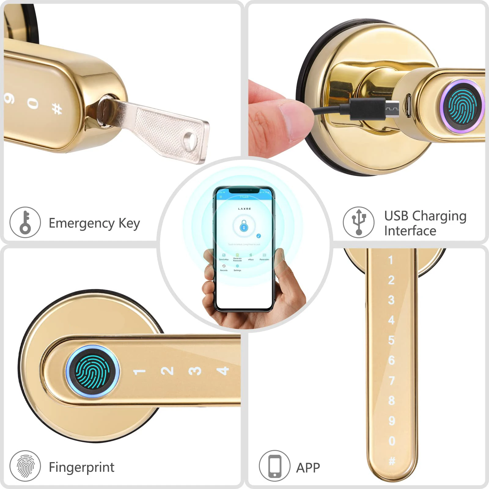 Imagem -03 - Bluetooth Biométrico Fingerprint Lock Key Cor Dourada Ttlock App Digital Smart Door Lock Eletrônico Handle Lock Alexa Google Home