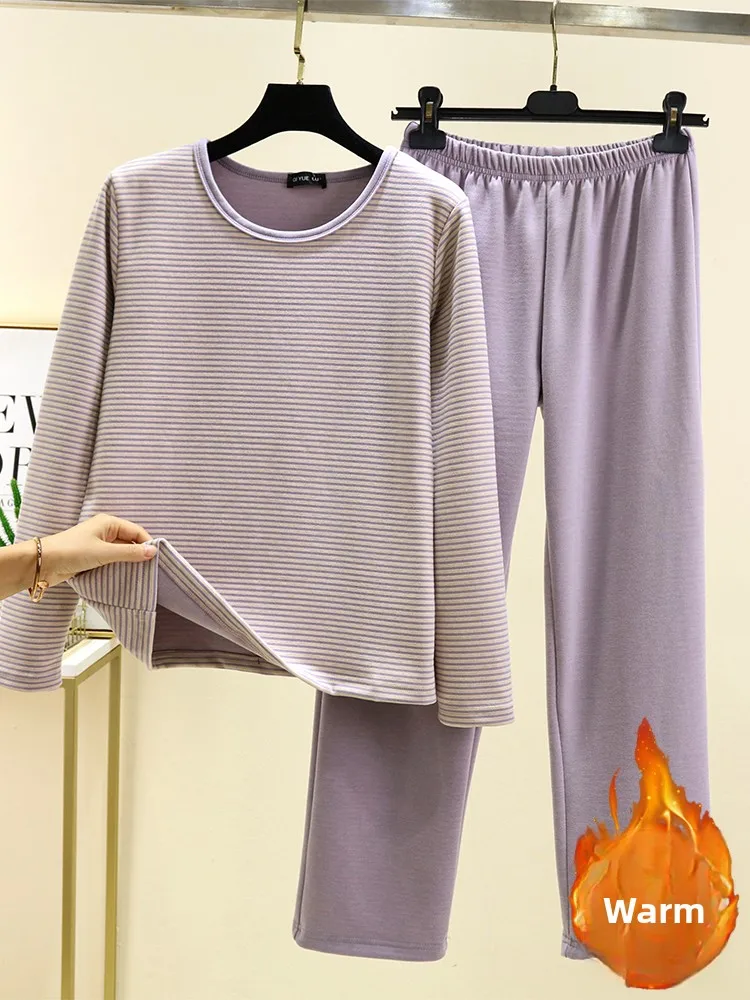 Thiened Fluffy Домашняя одежда для отдыха Женские зимние пижамы Long Sve круглый комплект из двух предметов Свободная домашняя одежда для отдыха