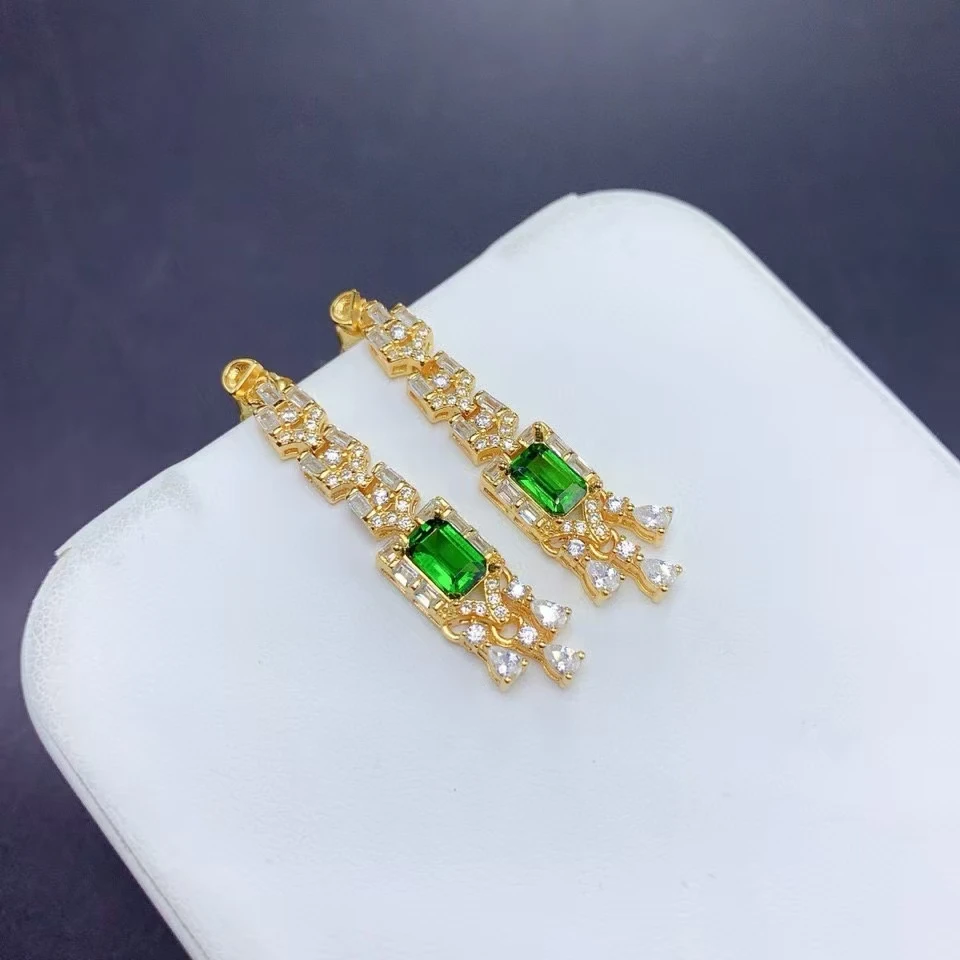 Fancy 925 Silver Long Earrings for Wedding 4mm*6mm Natural Diopside Earrings Allergy Free 18K Gold Plated Diopside Jewelry