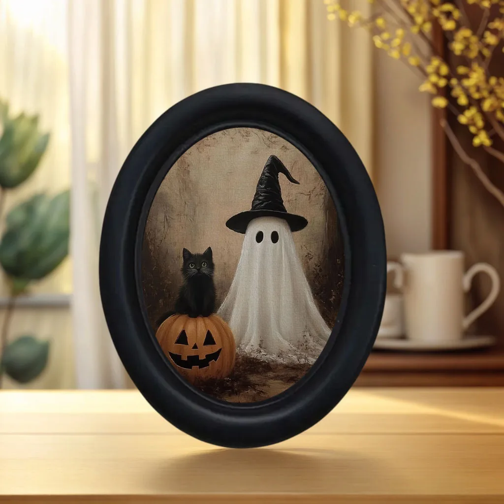 1 Piece of Ghostly Pumpkin and Black Cat Vintage Wall Decoration, Cute Dark Halloween Desktop Wall Hanging, Oval Wooden Decoration, Suitable for Home and Office, Perfect Halloween and Living Room Decoration, Gothic Vintage Style Picture Frame