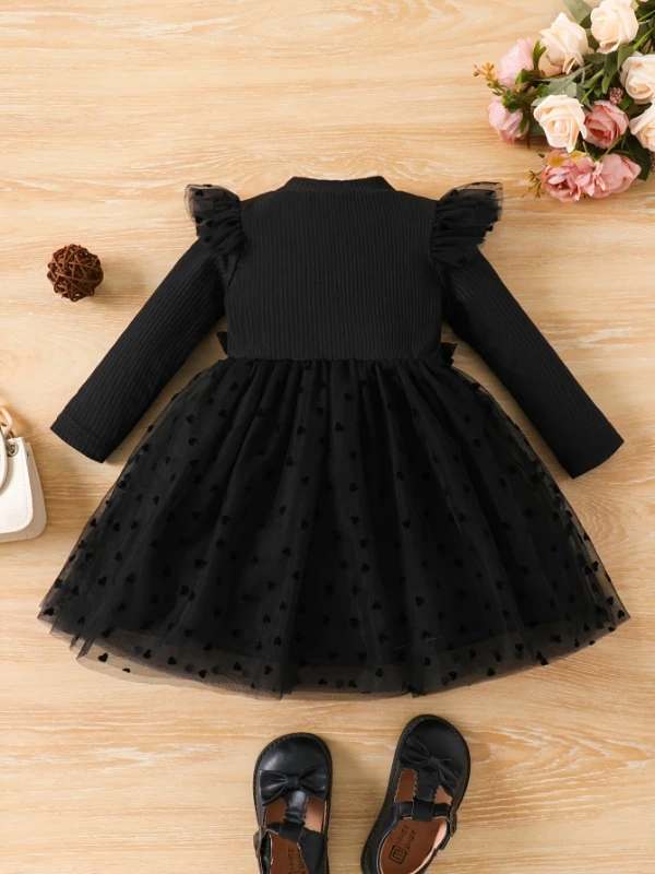Girls' Black Knit Tulle Dress Mock Neck + Heart Dot Pattern + 3D Lace + Ruffled Sleeves Princess Style Long-Sleeve Spring/Summer