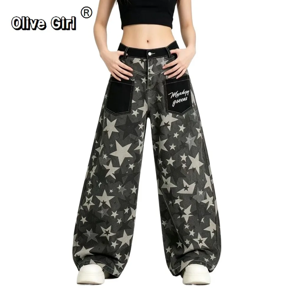 Olivegirl Women's Jean Baggy Wide Fit Star Print Denim Pants Y2K Japanese Harajuku Grunge American Retro Punk Tide Streetwear