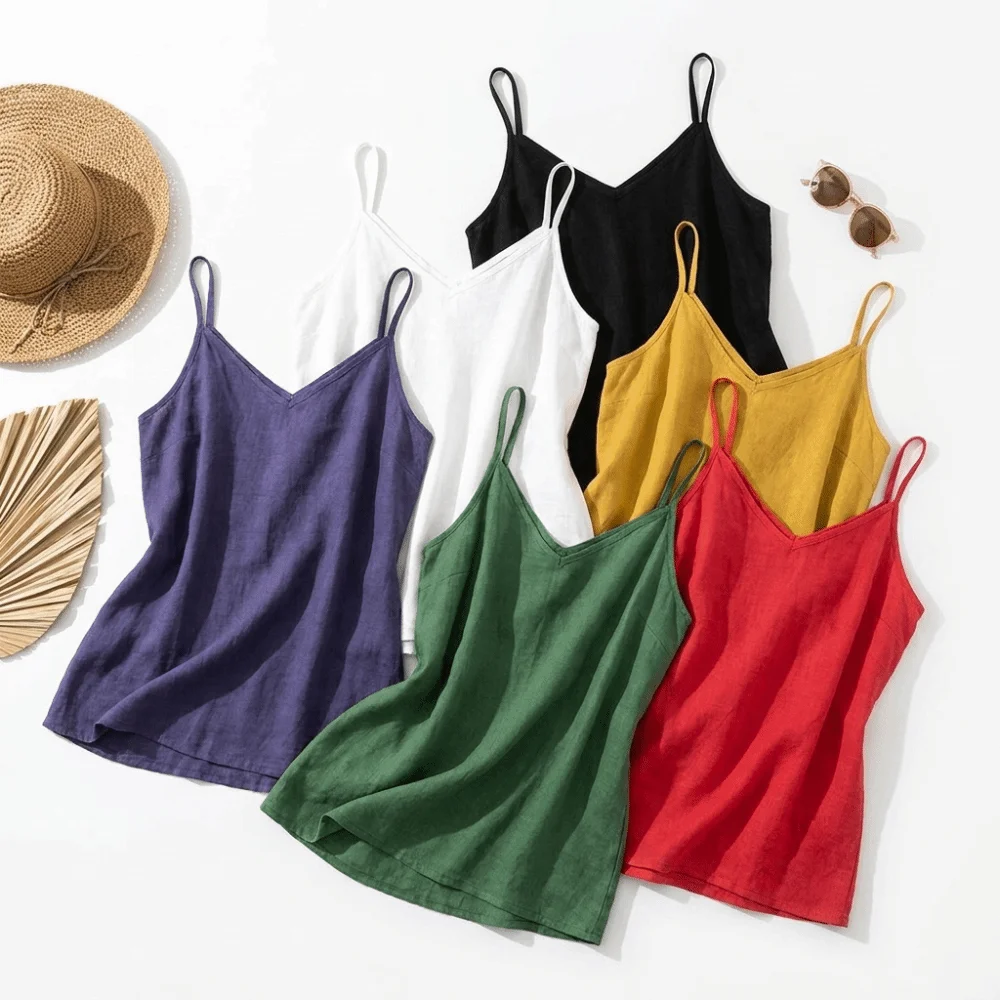 Basic Cotton Linen Spaghetti Strap Top V Neck Sleeveless Sleeveless Tank Top Loose Fit Breathable Camis Top Summer Wear