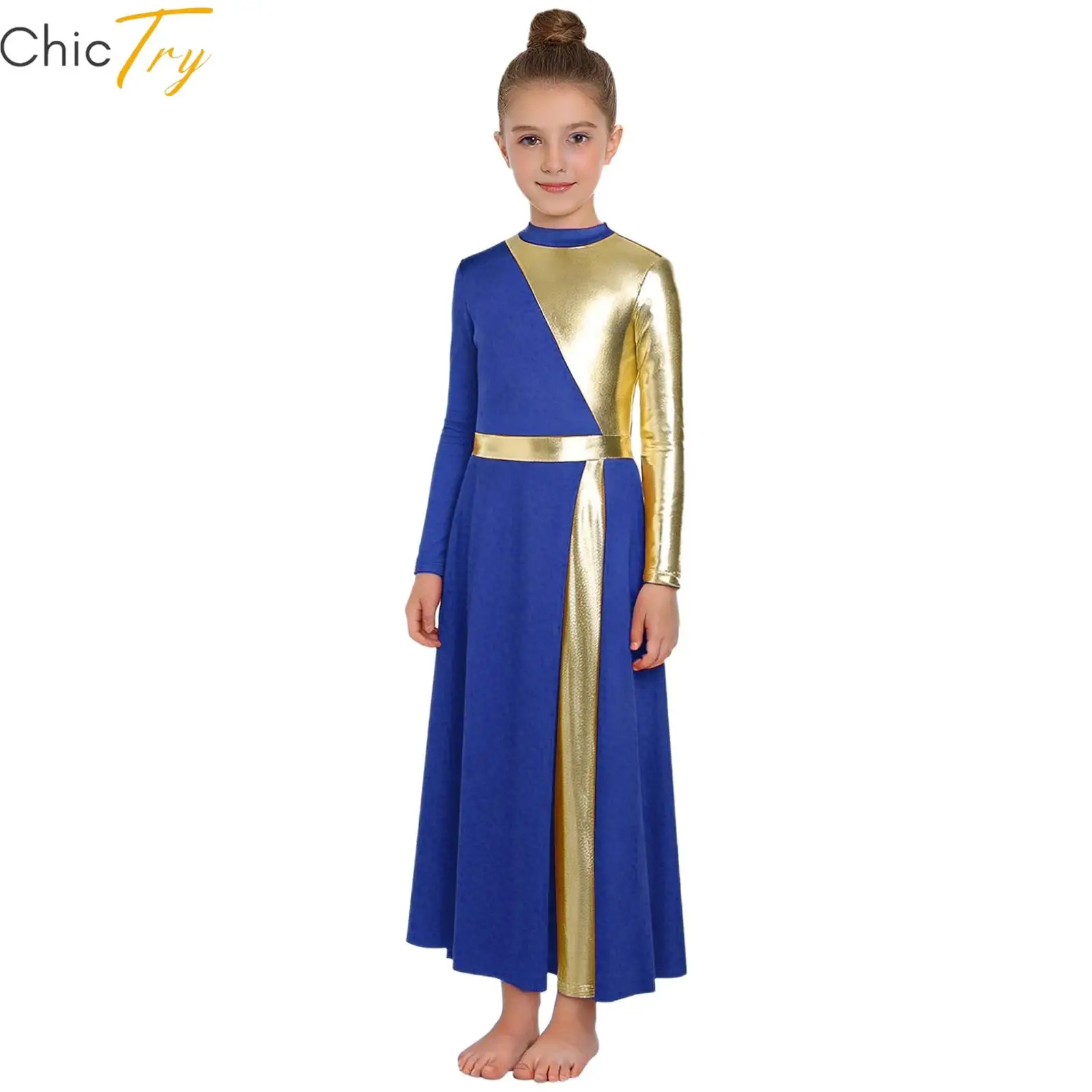

Childrens Worship Church Choir Costume Metallic Long Sleeve Praise Dance Split Dress Girls Ankle Length Color Block Leggings