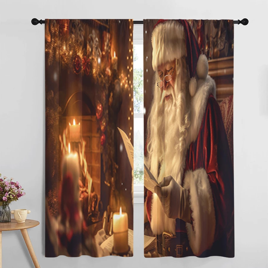 2PCS Christmas Curtains, Santa Claus Reading Letter Fireplace Candles Warm, Digital Print, for Living Room Window Decor