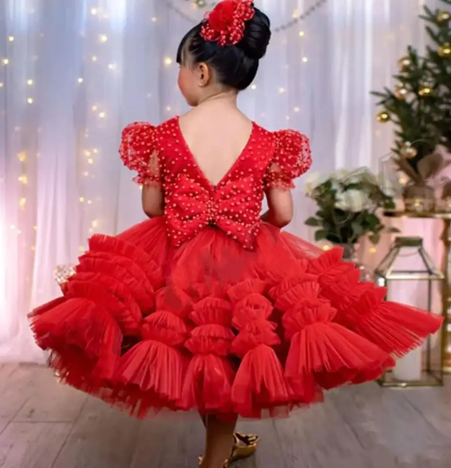 Rot geschwollene Blumen mädchen Kleid Laterne Ärmel Kinder Geburtstags feier Kleid Prinzessin Modenschau Erstkommunion Kleid