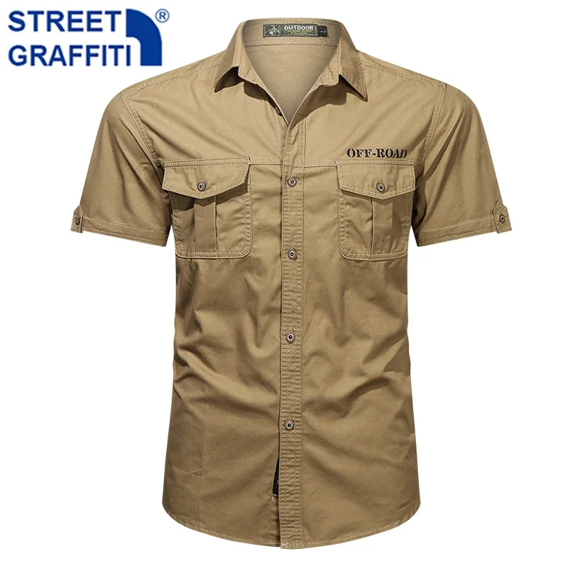 

2025 Men Summer 100% Cotton Military Plaid Shirt Short Sleeve Cargo Shirts Men Spring Casual Single Breasted Business Shirt Men