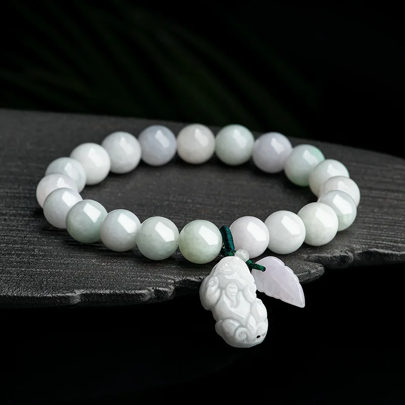 

Natural Myanmar A Jadeite Pixiu Became Rich Overnight Hand String Ice Seed Jade Beads 8.5mm Bracelet Women's Jewelry Wholesale