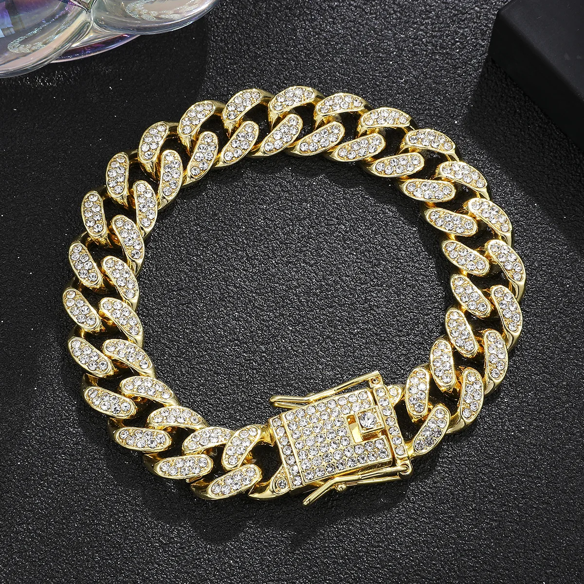 Luxuriöses Iced Out Cuban Link Chain Armband für Männer, gepflasterter Kristall, Hip-Hop-Schmuck, Edelstahl, Bling Bling Armband, Geschenk