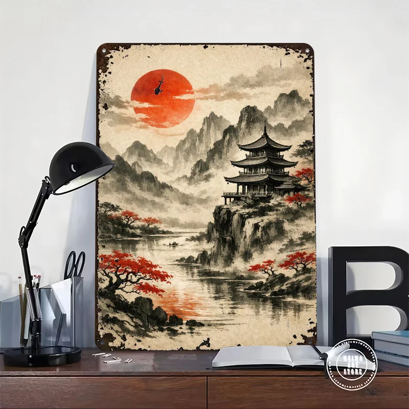 Japanese Pagoda Overlooking Misty Mountains 3D Texture Printed Poster Custom Vintage Metal Tin Plate Sign for Wall Art Man Cave