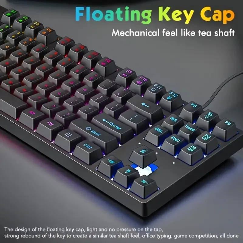 Rainbow Backlit Mechanical Feel Gaming Keyboard, 87-Key Wired Gaming Keyboard with Mute Button, USB Plug and Play