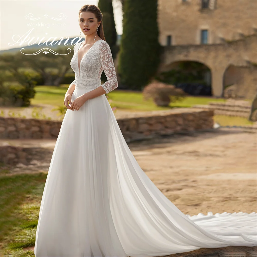 

Customized Aviana Lace Embroidery V-Neck A-Line Wedding Dress Sweep Train Full Sleeve Appliques Floor Length Elegant Newest