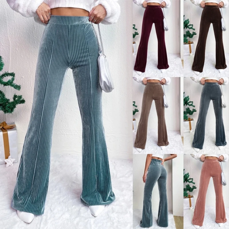 Elegant High Rise Corduroy Belled Bottom Pants for Women Stylish Flared Leg Pants for Casual Wear Warm Winter Trousers