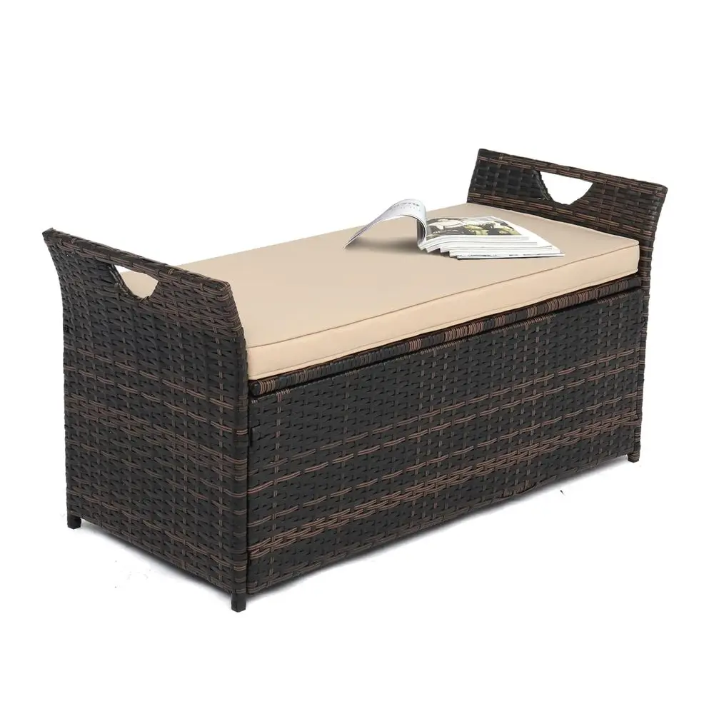 

40 Gallon Outdoor Storage Bench with Cushion, Rattan Storage Box, Patio Wicker Deck Box with Seat for Garden Balcony Porch Pool