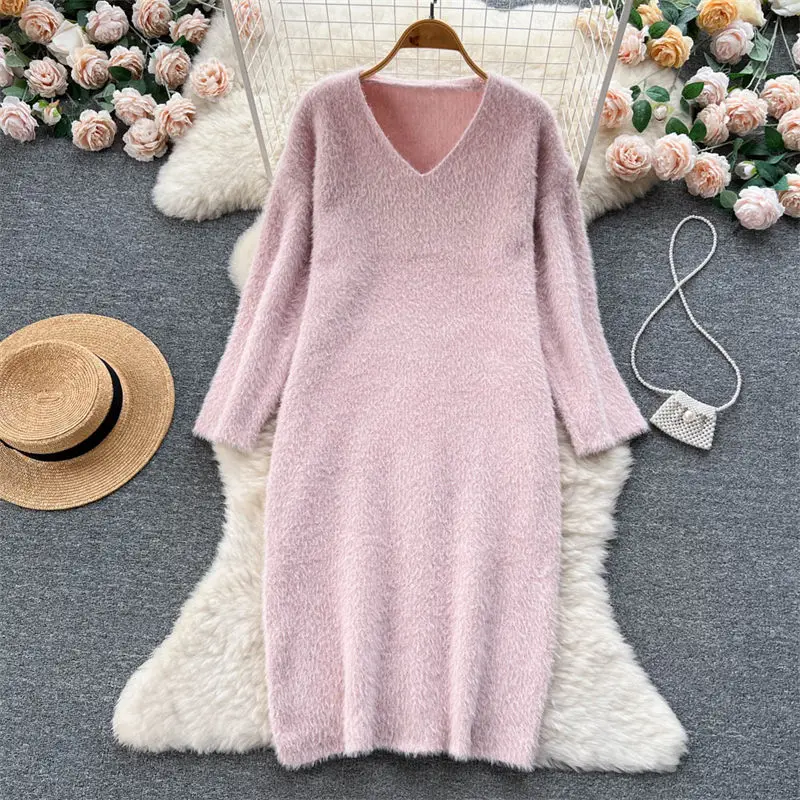 

Soft Sweater Dress For Women Autumn And Winter Medium Length Loose Lazy Style V-Neck Bottomed Knitted Dress Casual Tops T1618