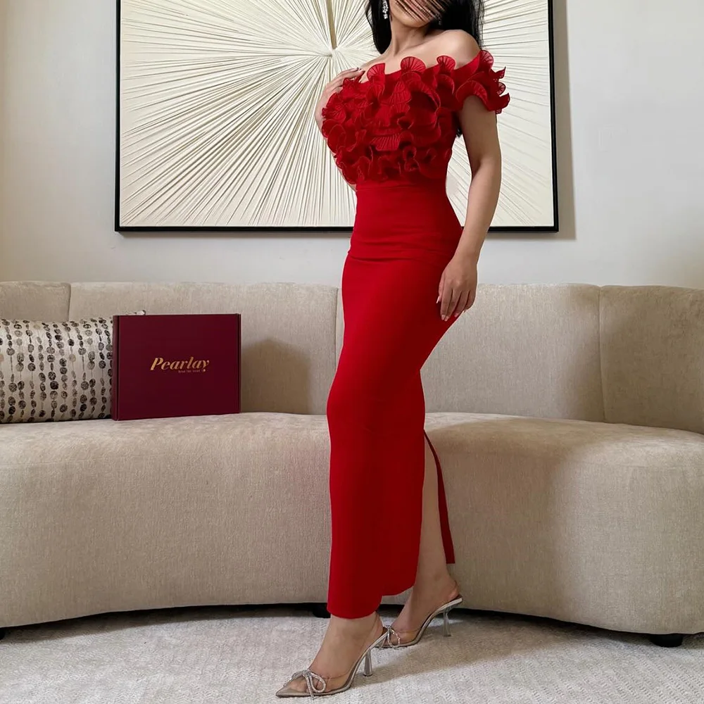 Modern Side Slit Ankle Length Ruffles Pleats Evening Dresses Temperament Straight Off the Shoulder Short Sleeves Party Gowns