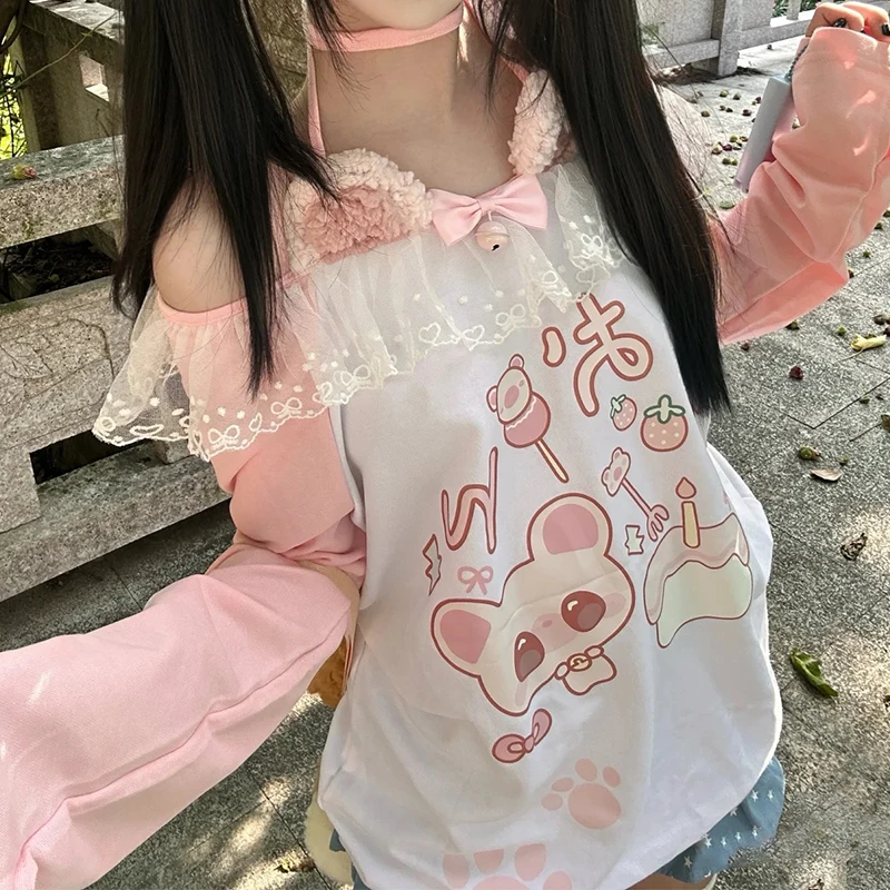 Kawaii Arcane Anime Printed T Shirt Women Japanese Sweet Long Sleeve Tops New Lace Patchwork Off Shoulder Chic Tees Spring
