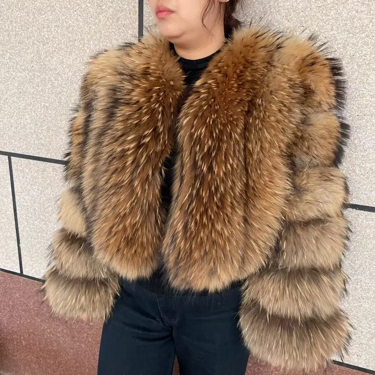 New Women's Raccoon Fur Coat Luxury Multiple Short and Hooded Natural Raccoon Fur Women's Jacket Winter