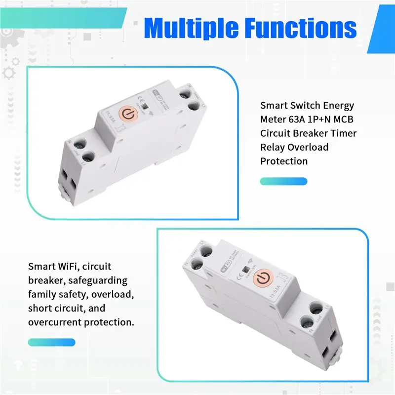 JABS-TUYA Wifi Smart Switch Pengukur Energi 63A 1P+ N MCB Pemutus Sirkuit Fungsi Timer Relay