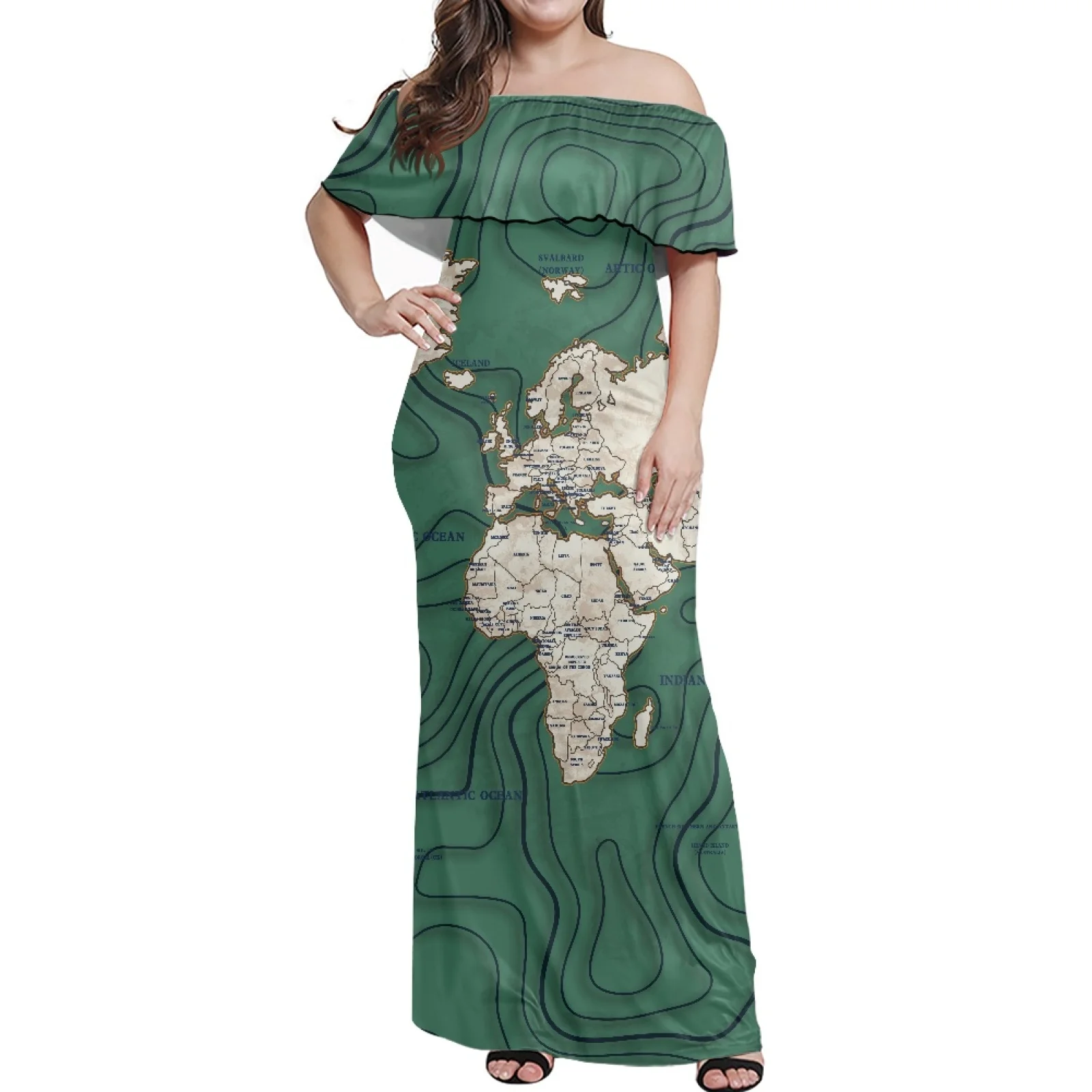 Hawaiian Polynesian Dress Unique Map Pattern Print Women's Ruffled Sexy Dress Spring And Summer New Models