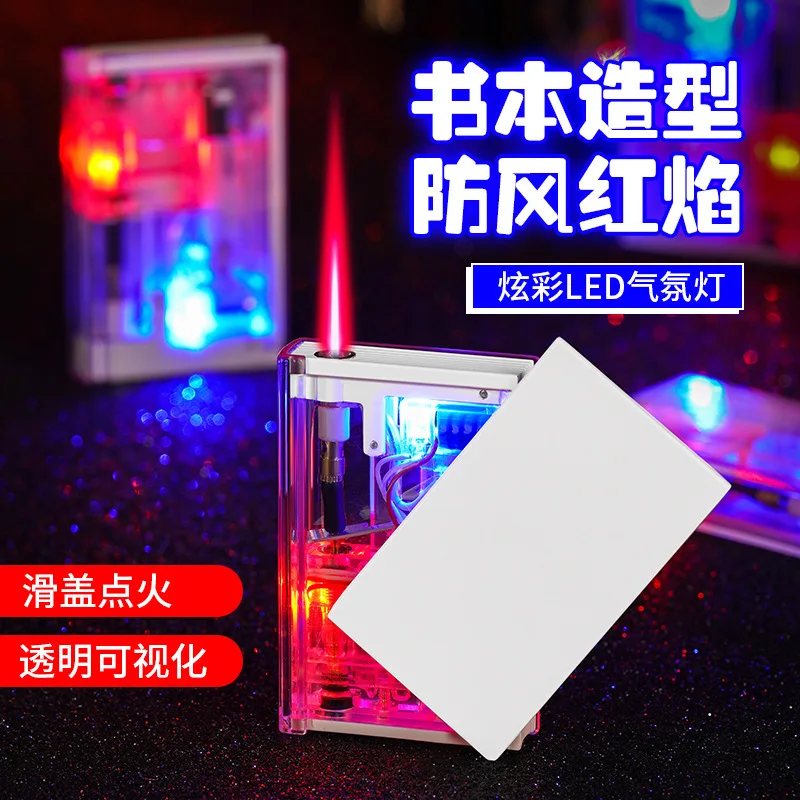 LuminousLEDbook-shaped lighter with transparent gas chamber,windproof red flame,recyclable inflation,customizable color printing