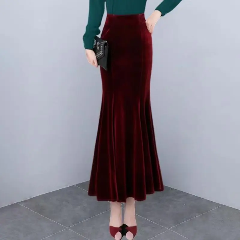Gold Velvet Skirt Autumn and Winter New High-end Long Fishtail Skirt Plus Velvet Large Size Hip Skirt High Waist Winter Skirt
