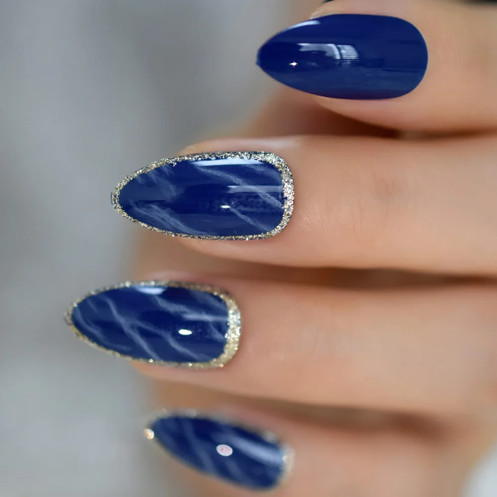 Unhas falsas stiletto de mármore azul brilhante, glitter prateado, pré-projetos, médio, manicure artificial, pontas de unhas decorativas para mulheres