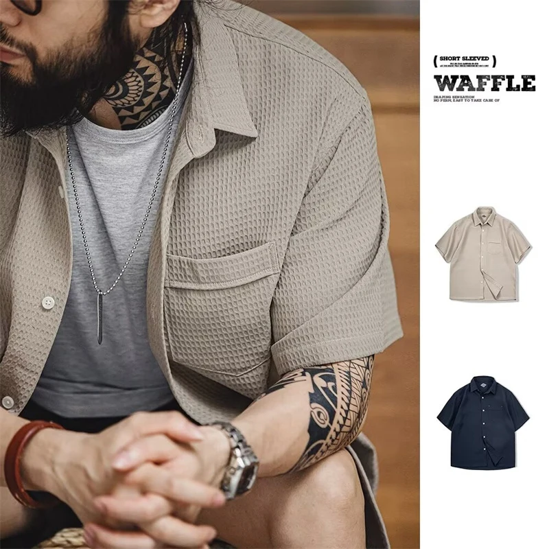 

Summer Men's Waffle Short Sleeve Cargo Shirts New Casual Retro Breathable Lapel Blouse Y2K Vintage Streetwear Tee Shirt