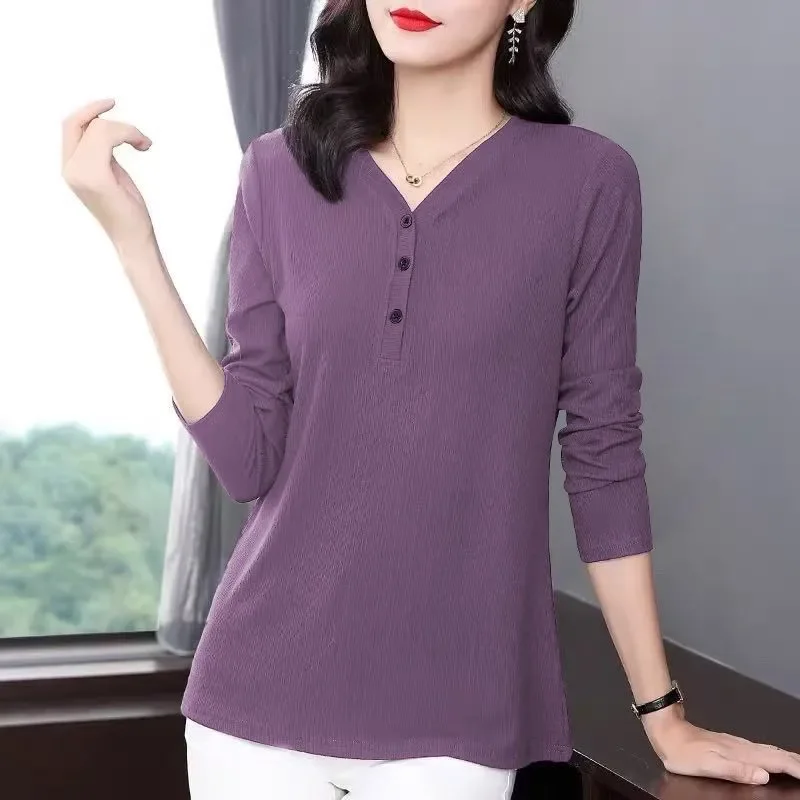 Casual Women Spring Autumn V Neck Button Long Sleeve Tunic Top Plus Size Daily Layering Basic Shirt S-4XL