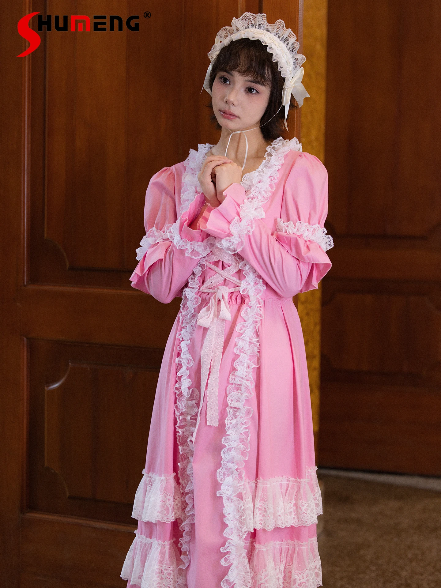 

French Elegant Woman's Sweet Lolita Pink Long Sleeve Dress Spring Autumn 2025 Lady Sweet Lace Knee-Length Dress Vintage Dress
