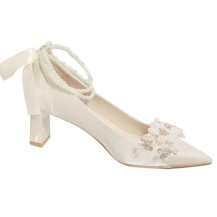 French-style Wedding Shoes, Bridal Shoes, Main Wedding Dress Shoes, Thick-heeled High Heels, White, Comfortable and Not Tiring view 3