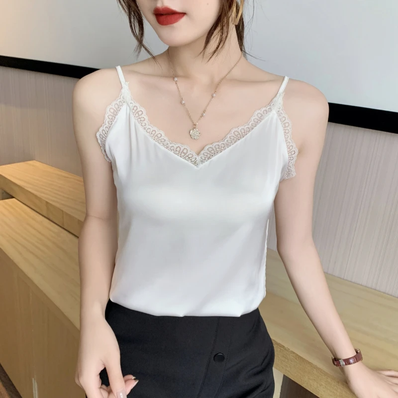 Lace Camisole Vest for Women Summer Satin Bottom Blouse Sexy Ladies Tops Korean Fashion Women Clothing Vintage Elegant Tank Top