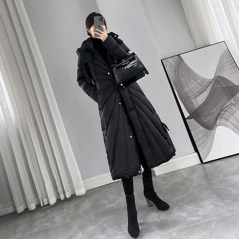 Winter new loose and slimming black lace up high-end hooded jacket feminine temperament high-end long style down jacket