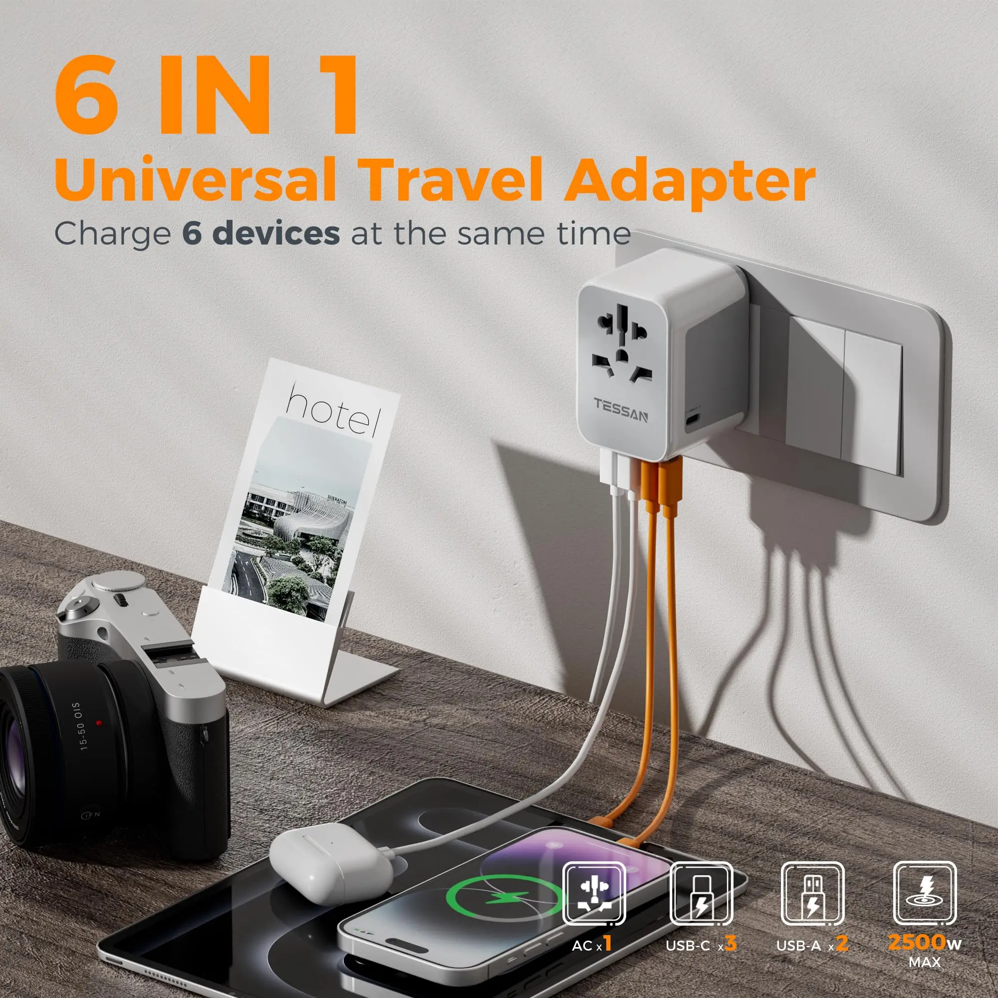 TESSAN 28W Universal Travel Adapter with 4/5 USB Ports 5V/3A Type C Worldwide Power Adapter 17W Travel Charger for EU/UK/US/AUS