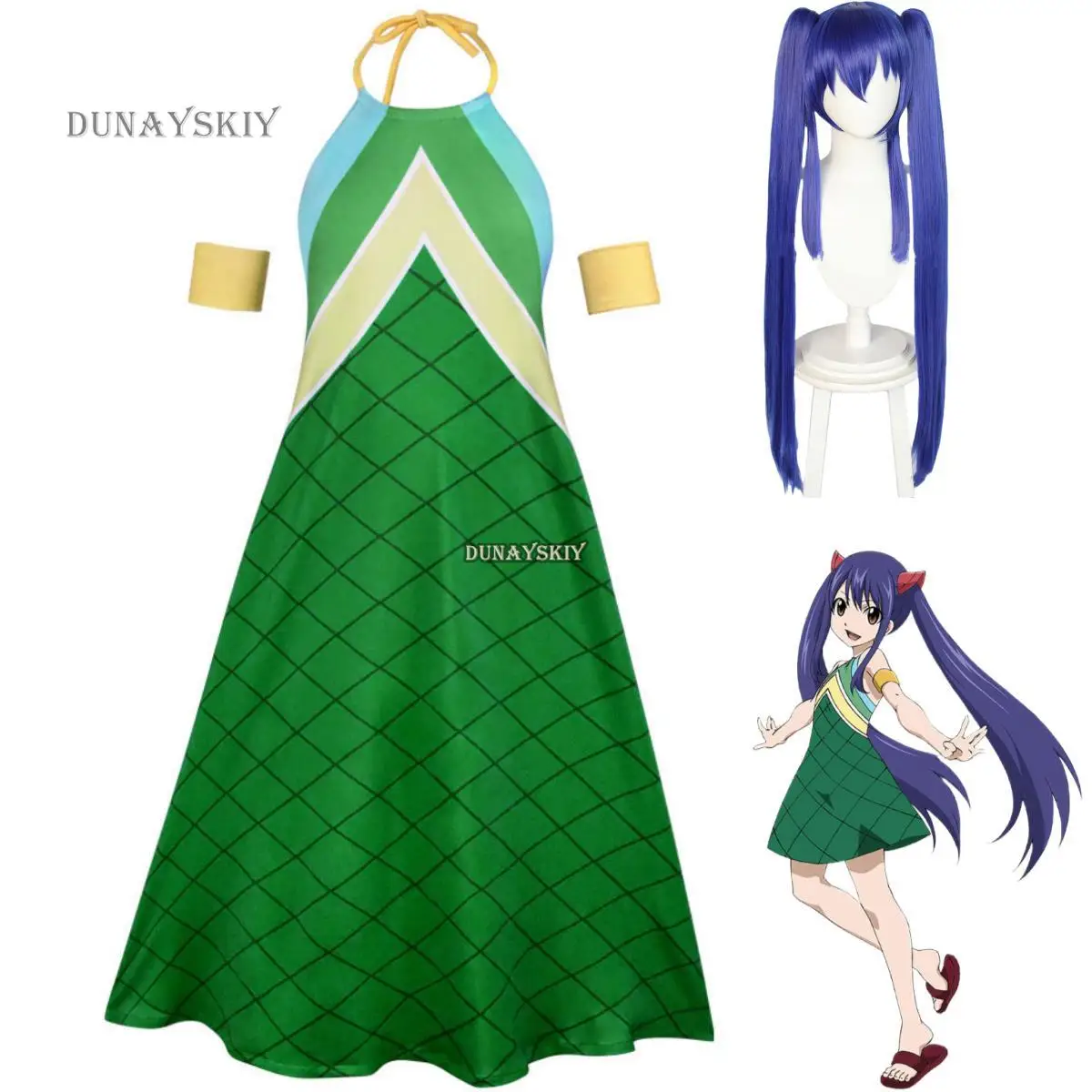 Anime  Wendy Marvell Cosplay Costume Wig Kids Green Backless Dress Wig Children Adult Girl Kawaii Carnival Party Suit