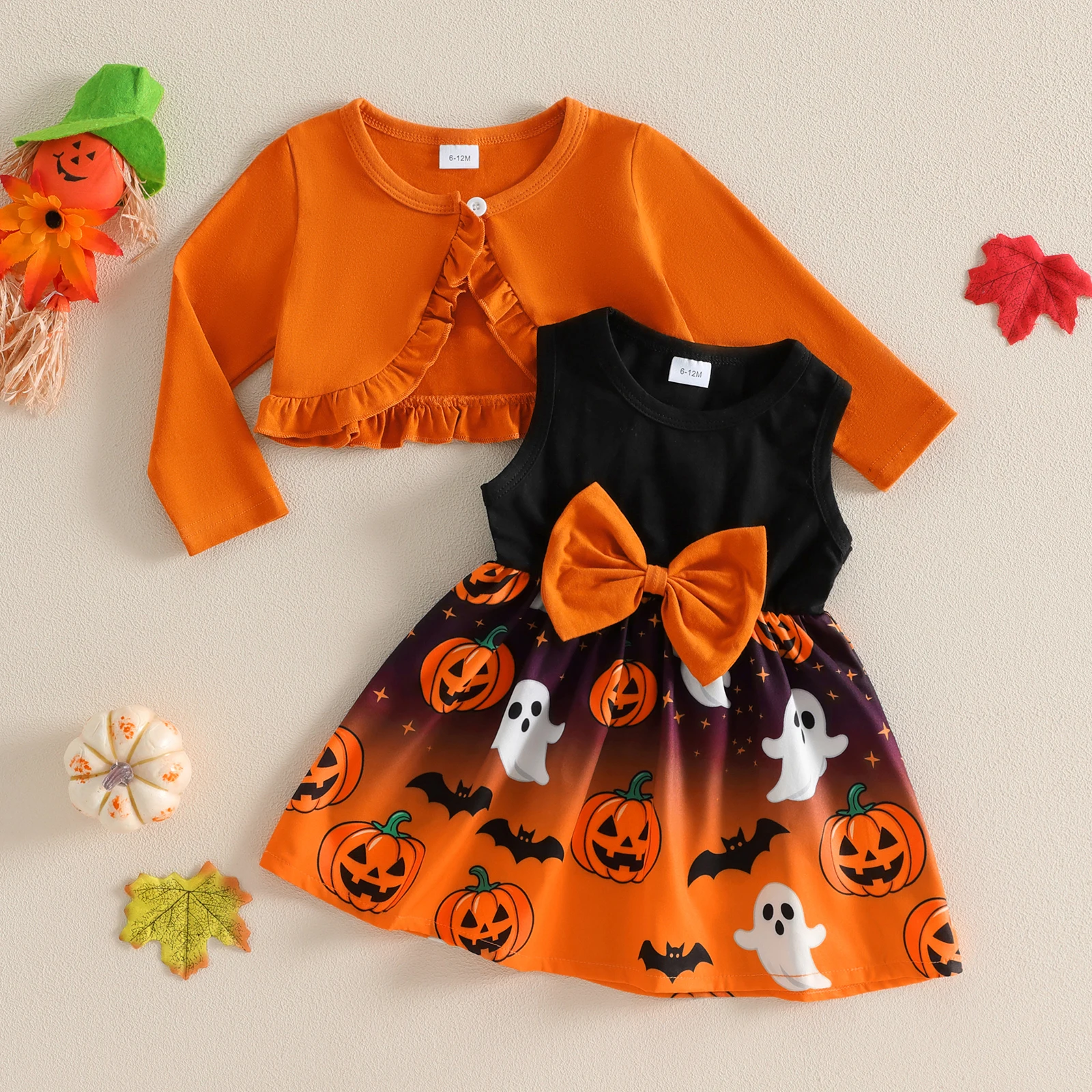 1-4Y Toddler Girls Halloween Outfits Pumpkin Ghost Bat Print Crew Neck Sleeveless Dress Ruffles Long Sleeve Shrugs Halloween Set