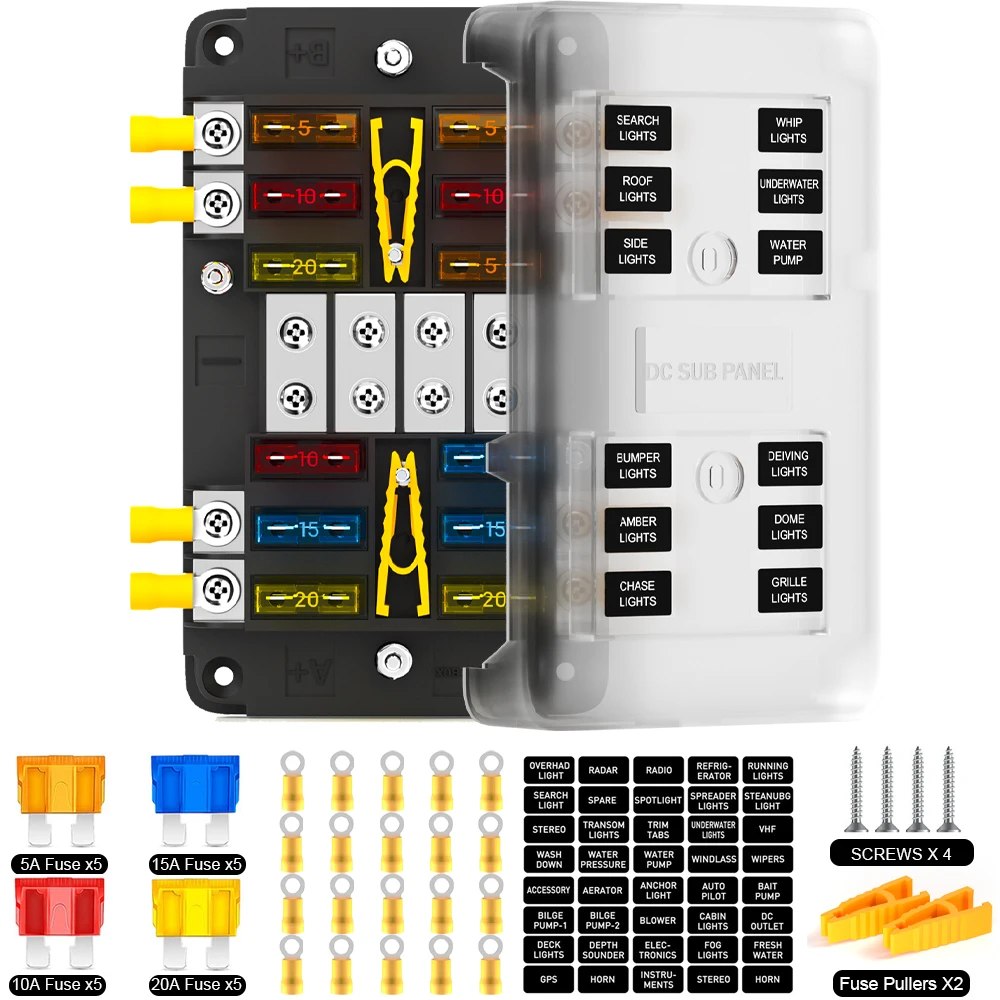 PSEQT Car Boat Fuse Box Holder 12V 24V 8 Way with Positive and Negative Bus Bar Standard Circuit Connectors Kit