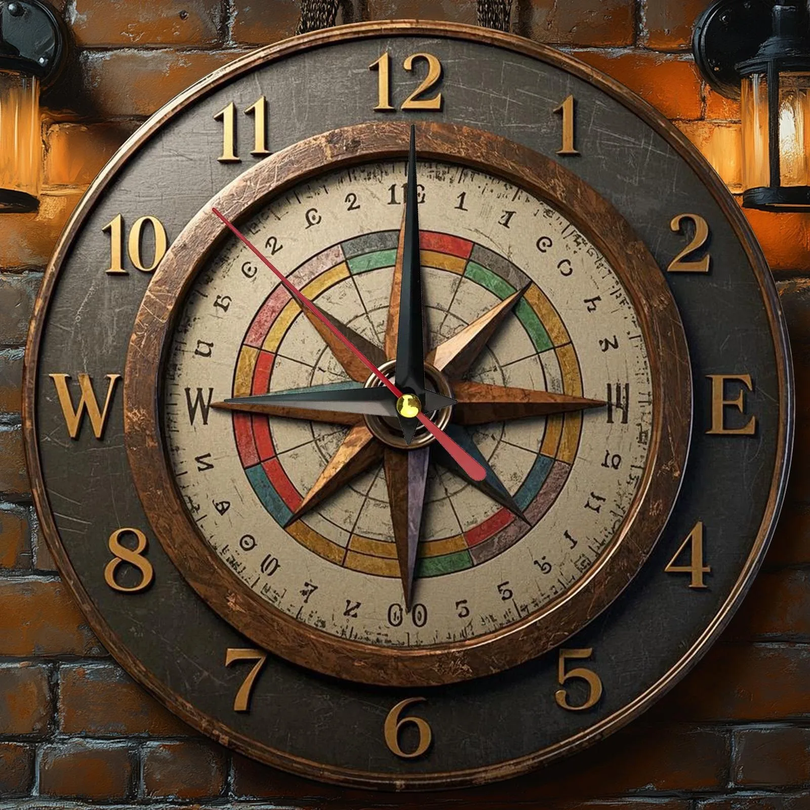 Rustic wooden wall - clock with compass design. Ideal for home and office decor. Operates on AA batteries.