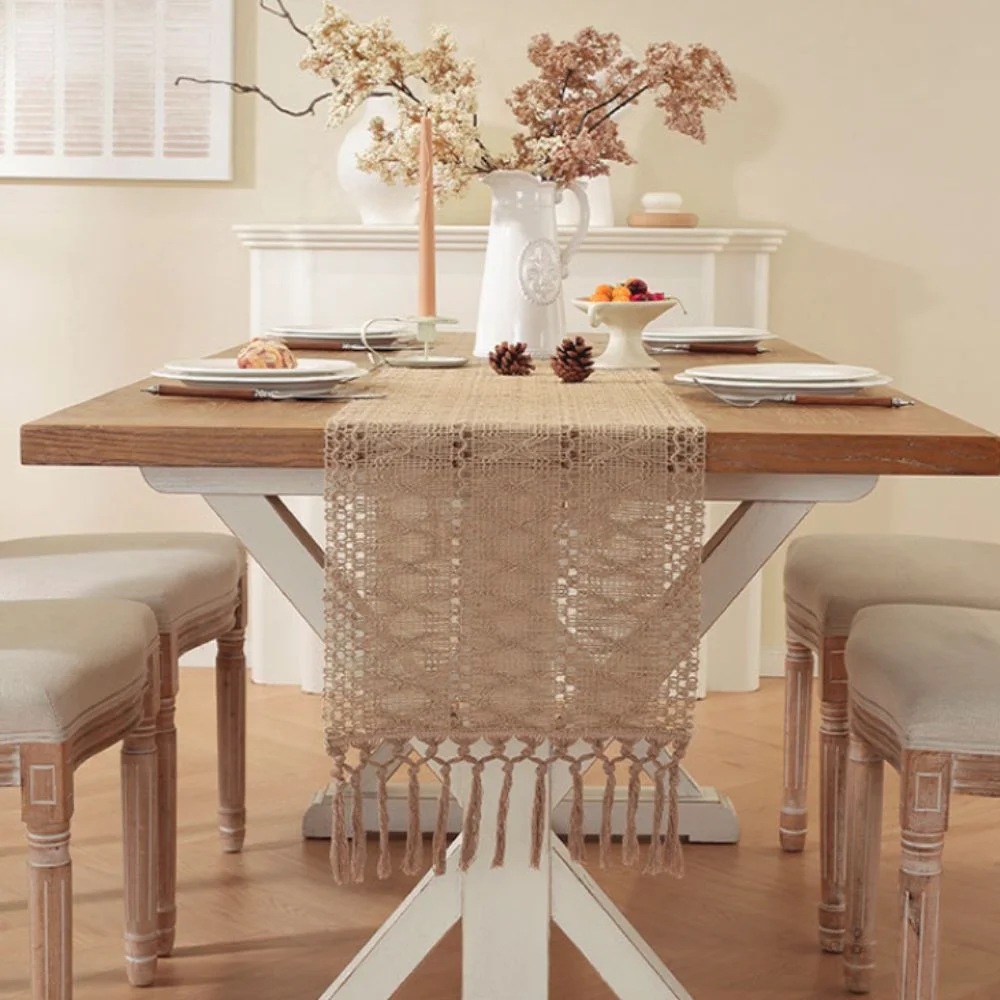 Household Ramie Boho Table Runner Rustic Style Rectangular Table Cloth with Tassel Braided Dining Table Decoration Christmas