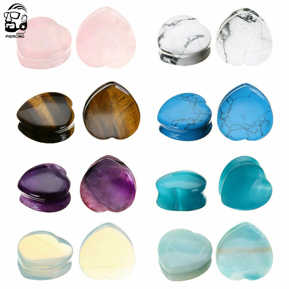 2pcs Tiger Eye Turquoise Amethyst Stone Ear Plugs and Tunnels Double Flare Piercings Oreja Earrings Gauges Heart Ear Stretcher