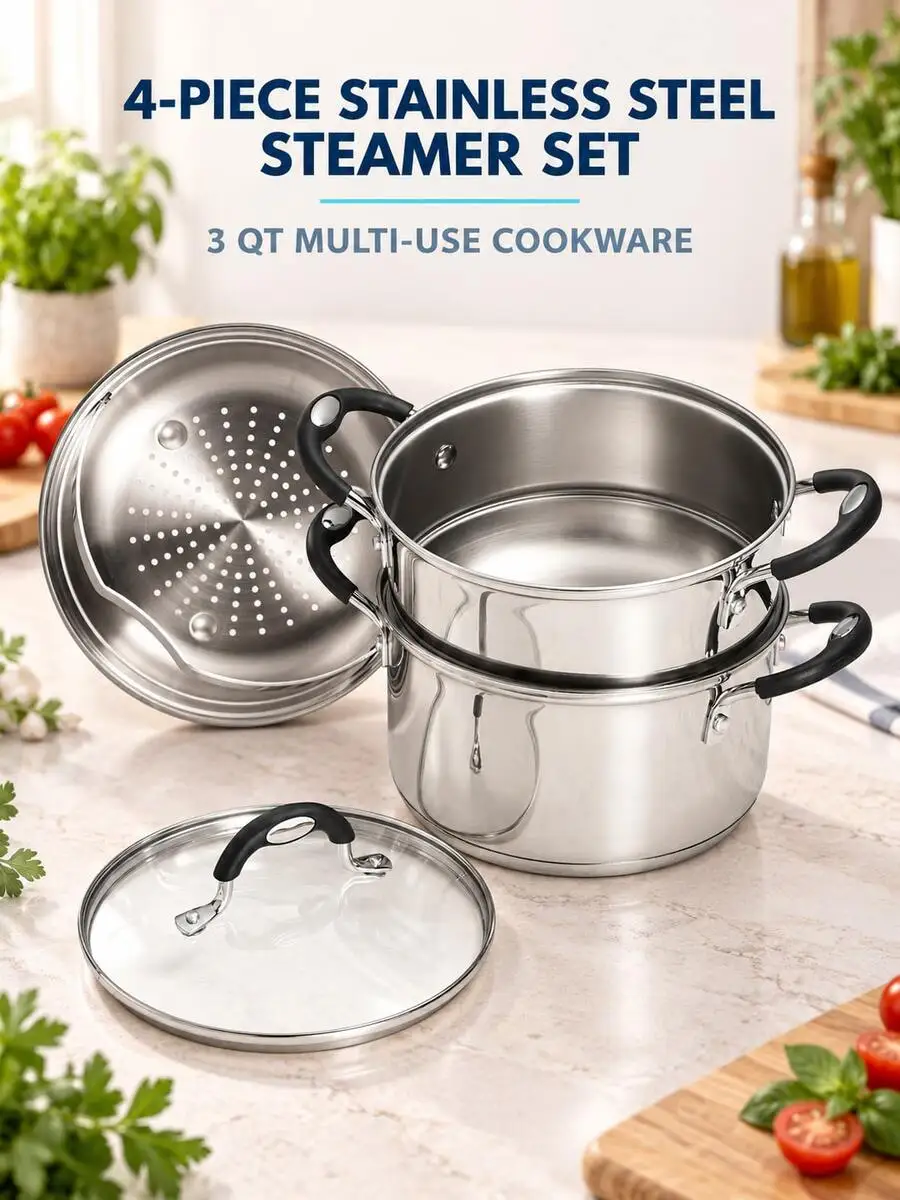 4-Piece 3-Quart Stainless Steel Steamer & Double Boiler Set With Stockpot, Steamer Insert, Melting Insert And Tempered Glass Lid