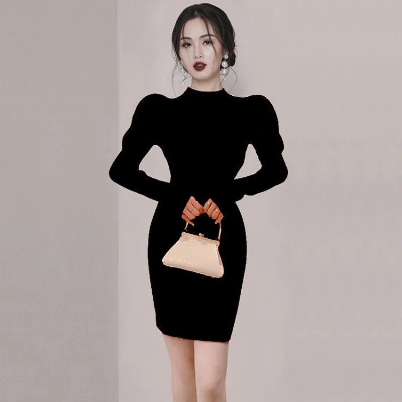 Pink Crochet Female Dress Knit Extreme Mini Women\'s Dresses Black Turtleneck Solid Short Clothing Trendy Offer Elegant Hot Y2k