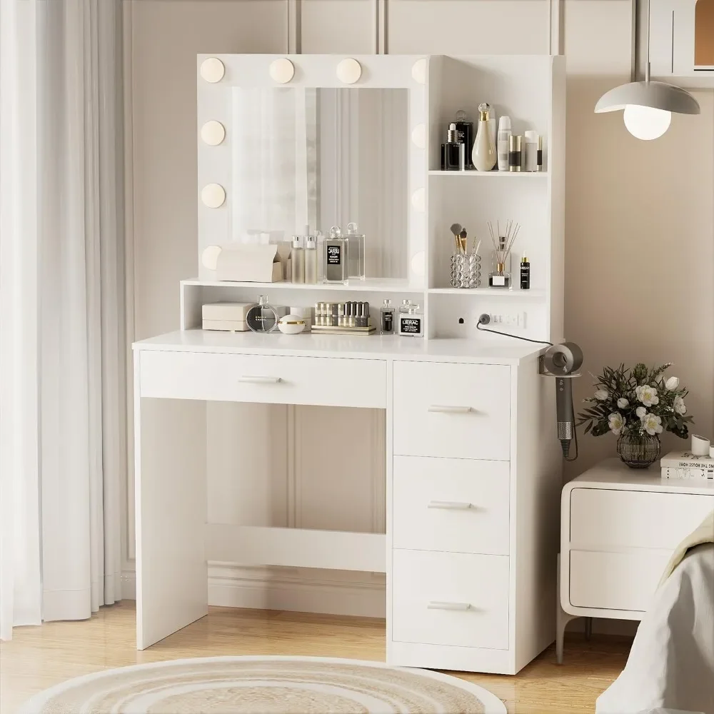

39.3x17.7x58.8 inch Vanity Desk with Mirror, Power Outlet and 10 Lights, Makeup Table with 4 Drawers, 3 Color Modes Available