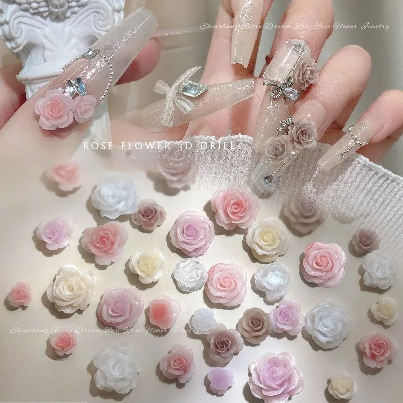 50PCS 3D Mix Sizes Beautiful Blossoming Rose Flowers Resin Adhesive Nail Art Rhinestones Decorations Manicure Kawaii Charms