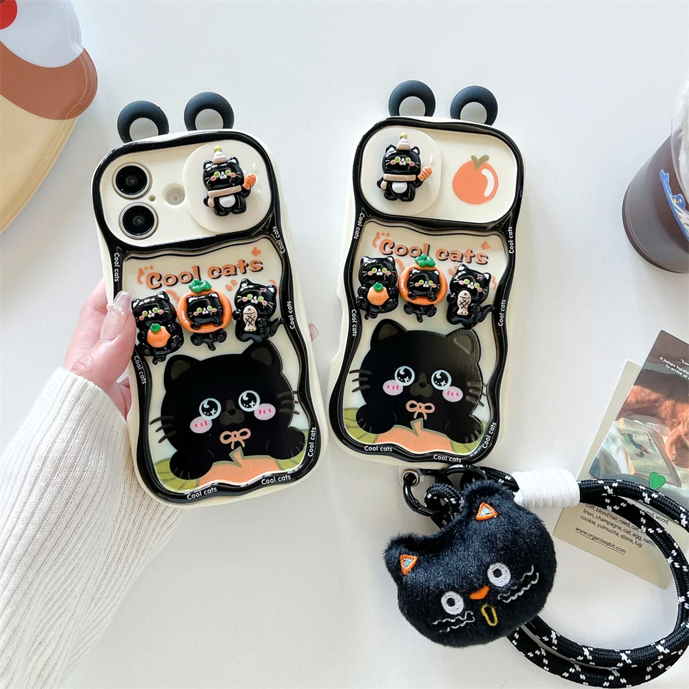 Cute Cartoon Black Cat Kitty Push-Pull Camera Phone Case for IPhone 16 15 Pro Max 14 Plus 13 12 Pro Max 11 Lanyard Soft Cover