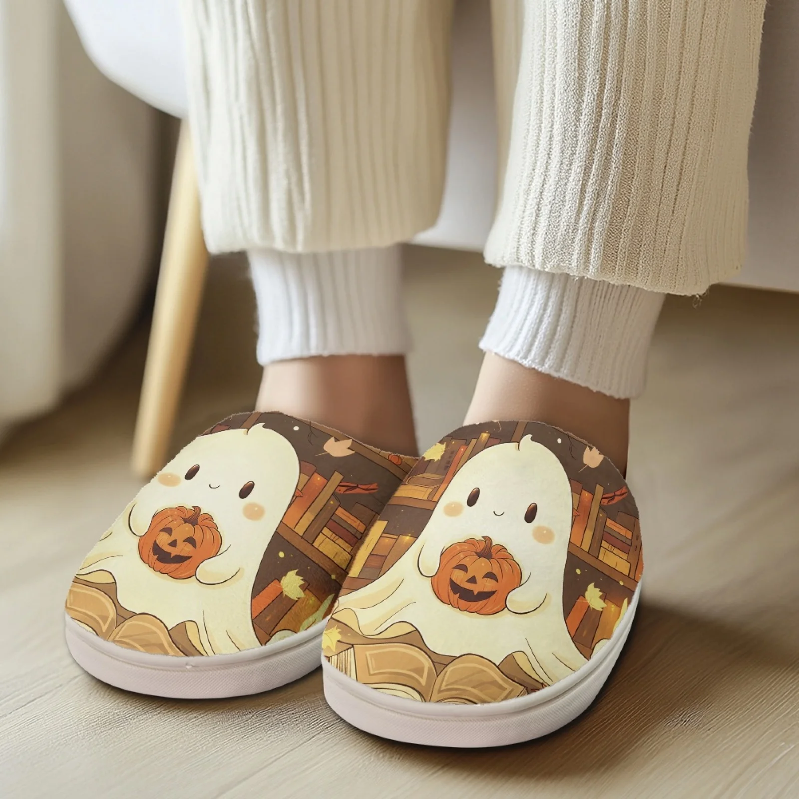 PENSTROLL Cute Ghost  Non-Slip Winter Flannel Slippers Memory Foam Slipper for House New Mom Cozy Slides