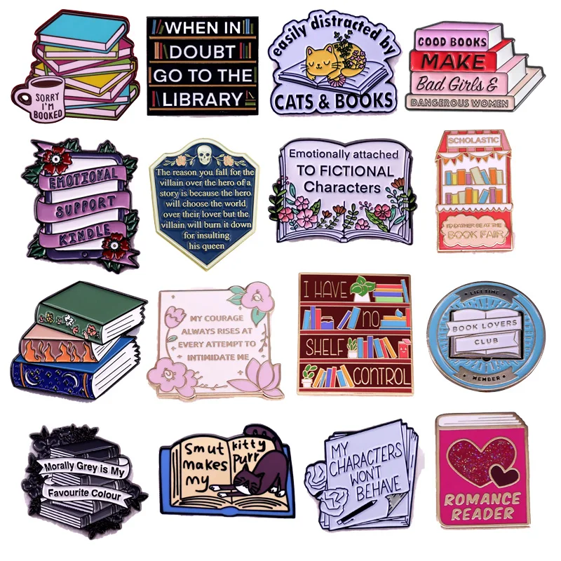 Cute Books Collection Letters Enamel Pins Romantic Reader Club Magic Flowers Library Card Badge Brooch Jewelry Gift Wholesale